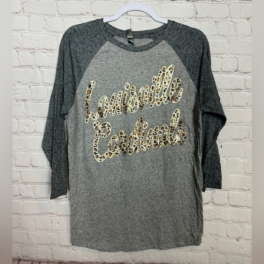 Louisville Cardinals gray raglan long sleeve‎ leopard print t-shirt, sz S, NWOT